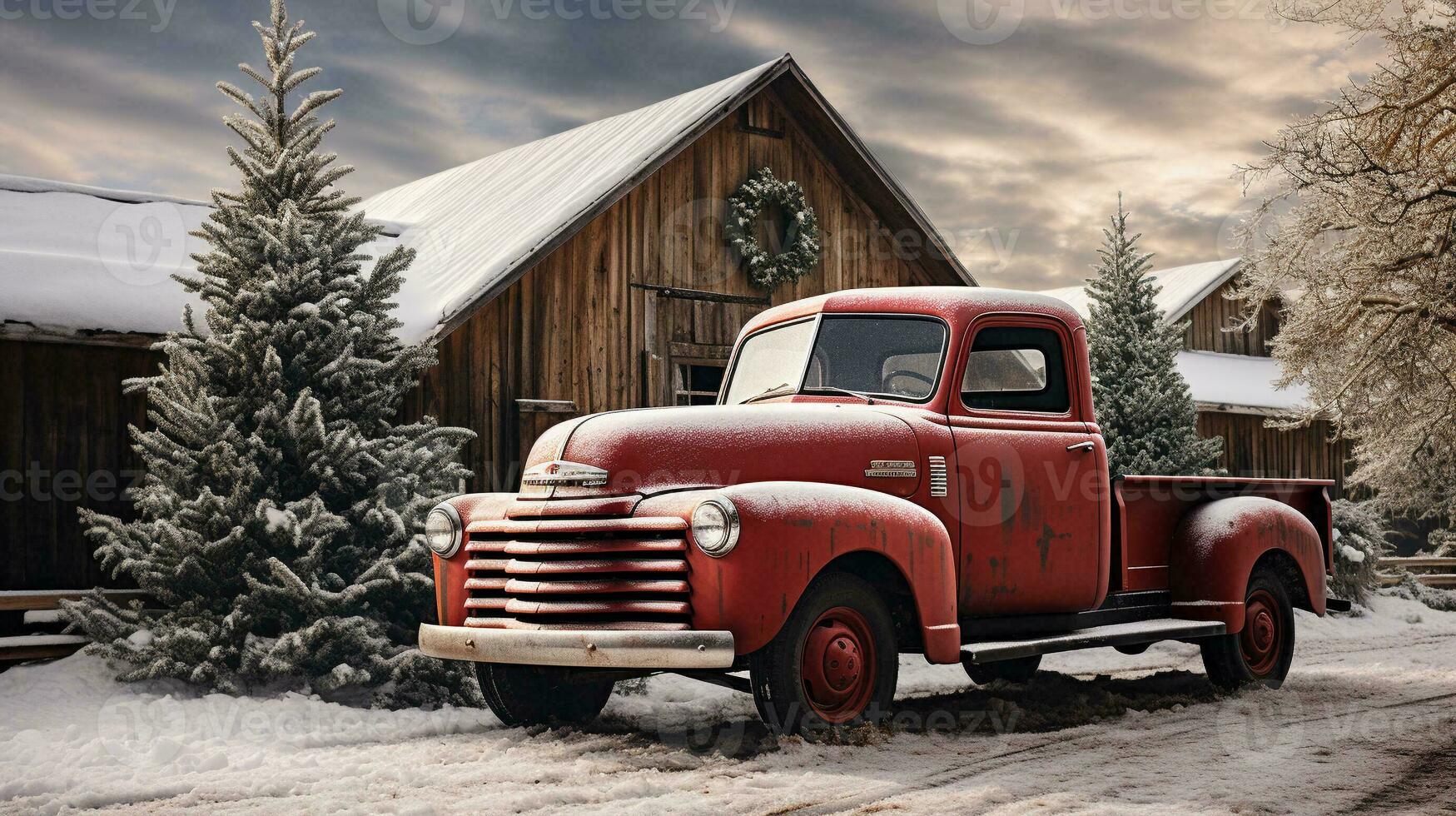 årgång plocka upp lastbil bärande en jul träd parkerad utanför festligt dekorerad ladugård affär. generativ ai. foto