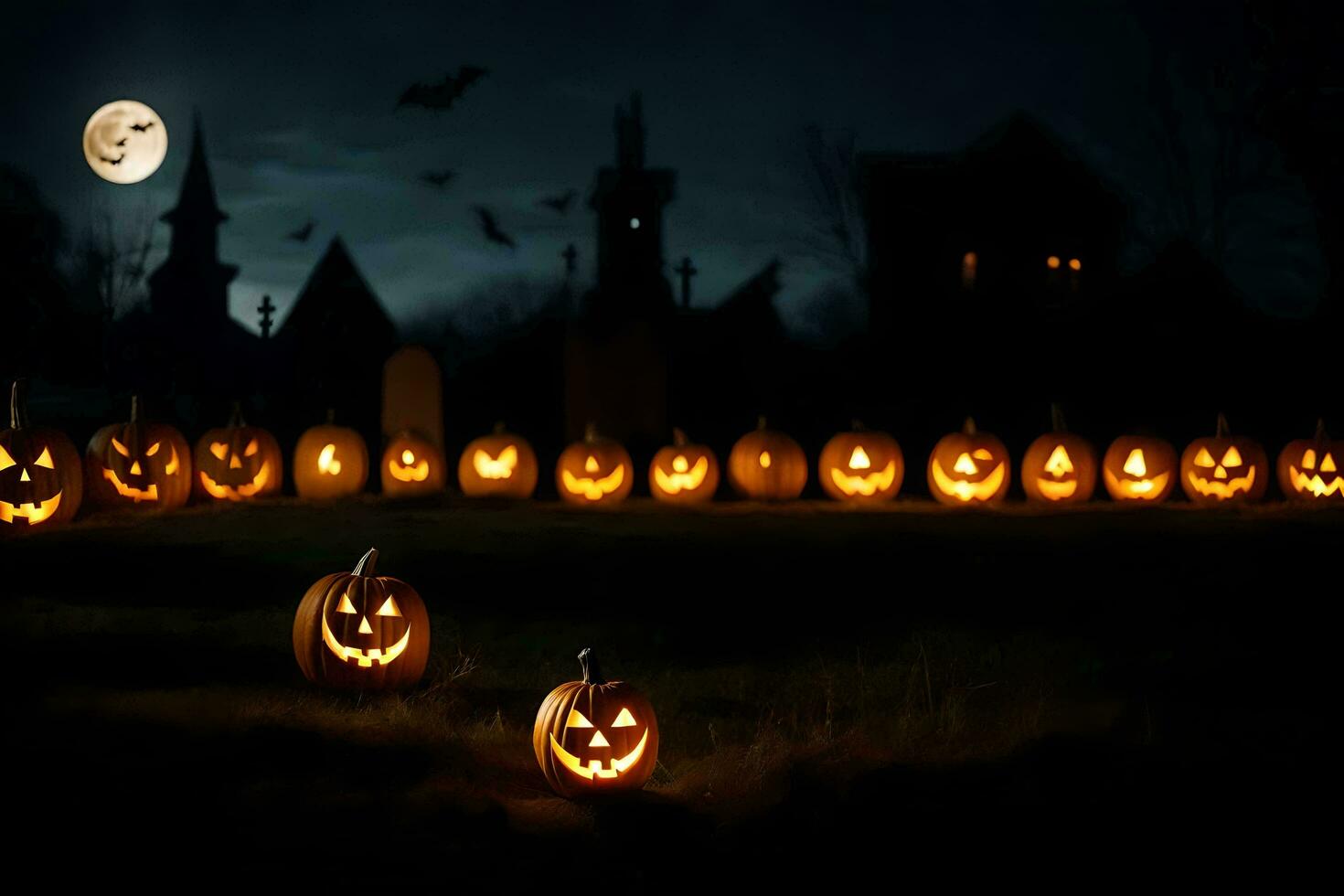 halloween pumpor i de mörk med en full måne i de bakgrund. ai-genererad foto