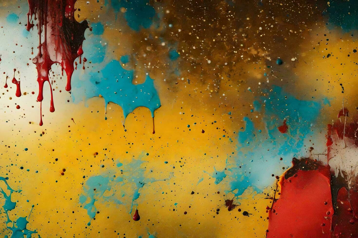 en målning med måla stänker och röd, blå och gul färger. ai-genererad foto