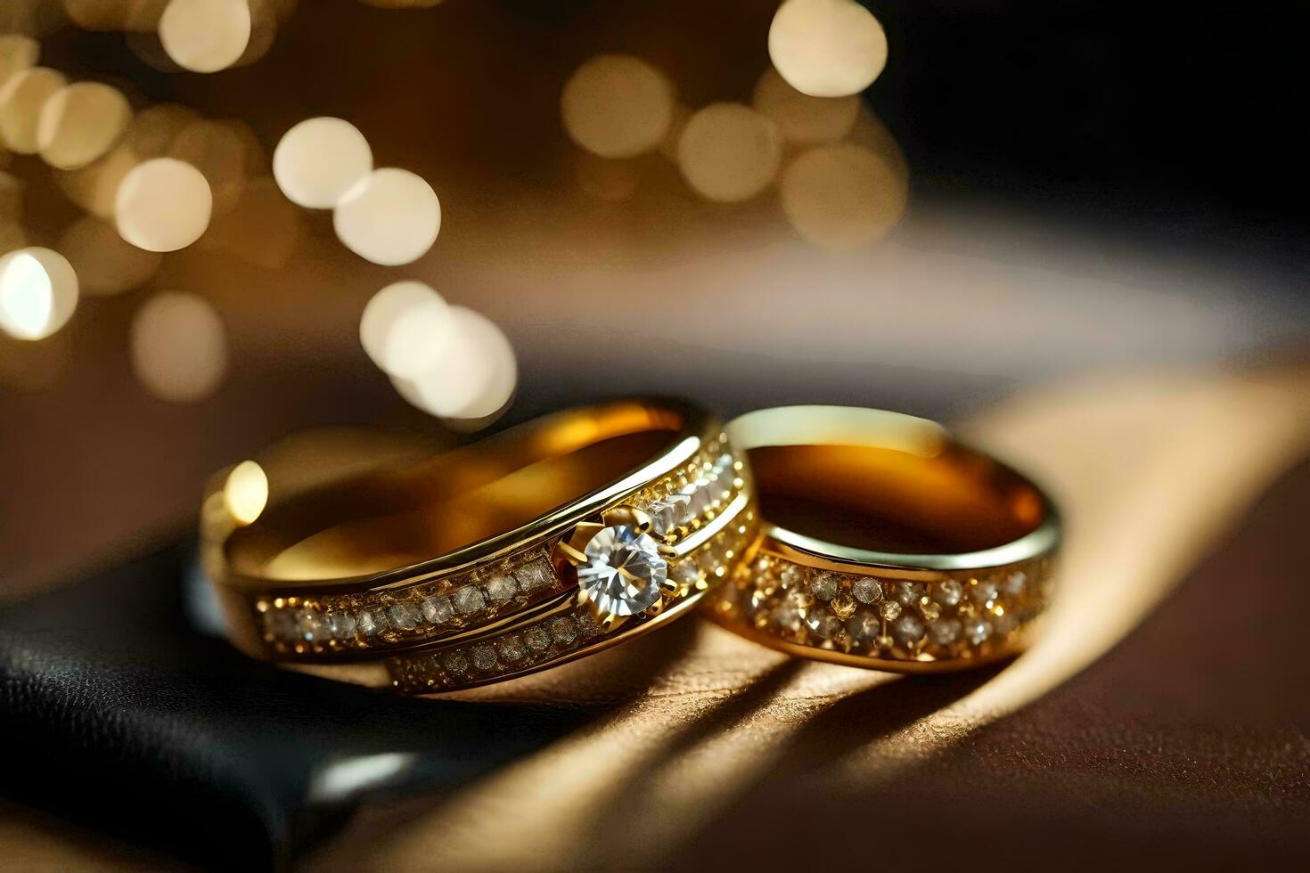 guld bröllop ringar på en tabell. ai-genererad foto