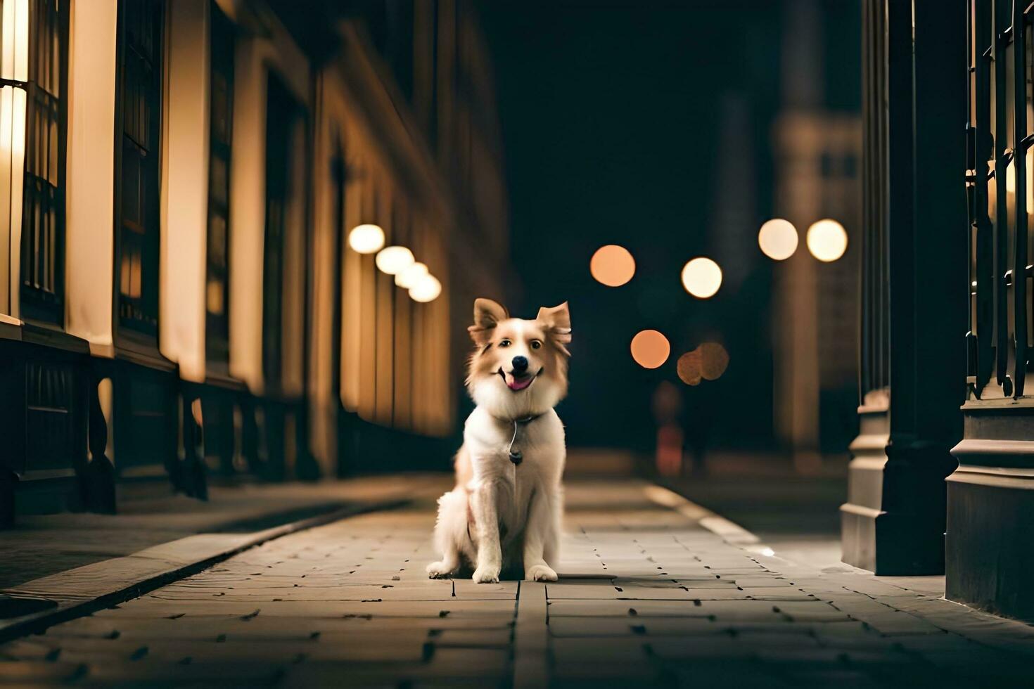 en hund Sammanträde på de gata på natt. ai-genererad foto