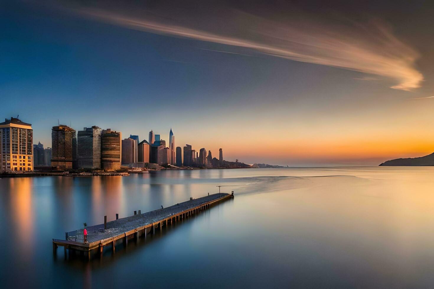 en lång exponering fotografera av en stad horisont på solnedgång. ai-genererad foto