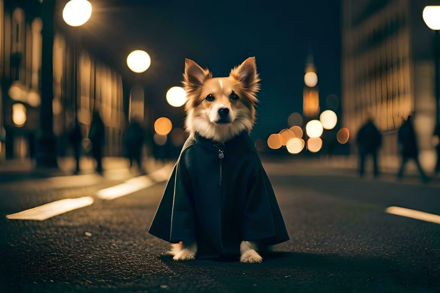 en hund bär en cape på de gata på natt. ai-genererad foto