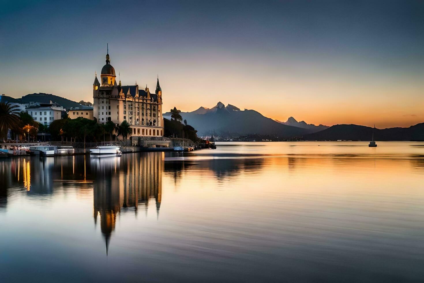 de slott av sjö Genève på solnedgång. ai-genererad foto