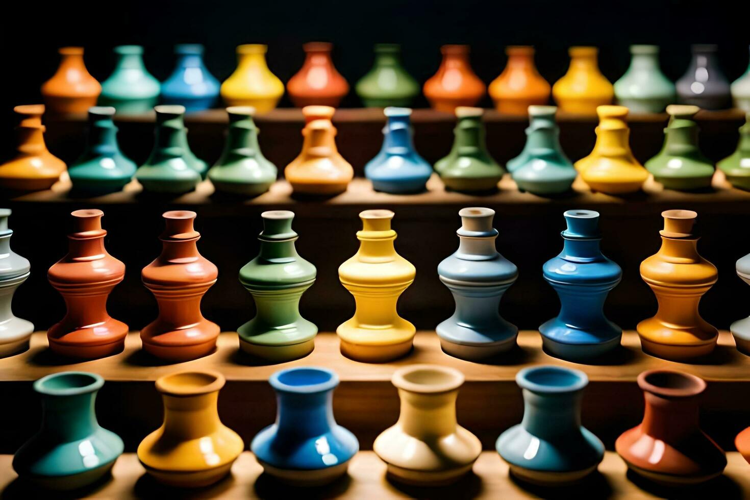 färgrik vaser på en hylla. ai-genererad foto