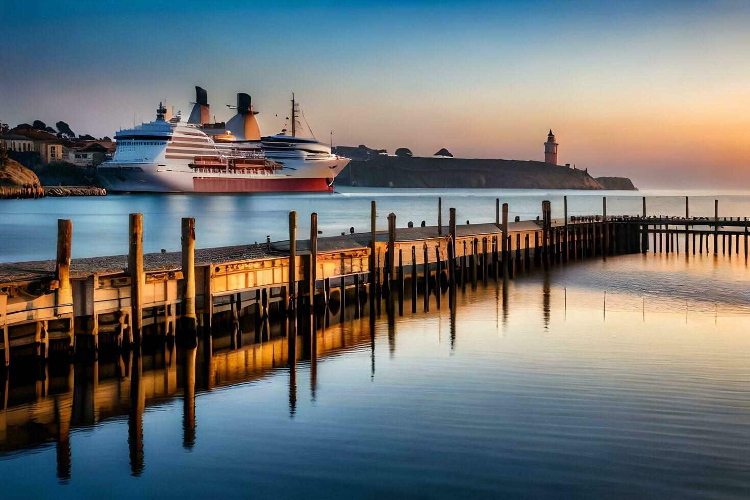 en kryssning fartyg dockad på en pir i de vatten. ai-genererad foto