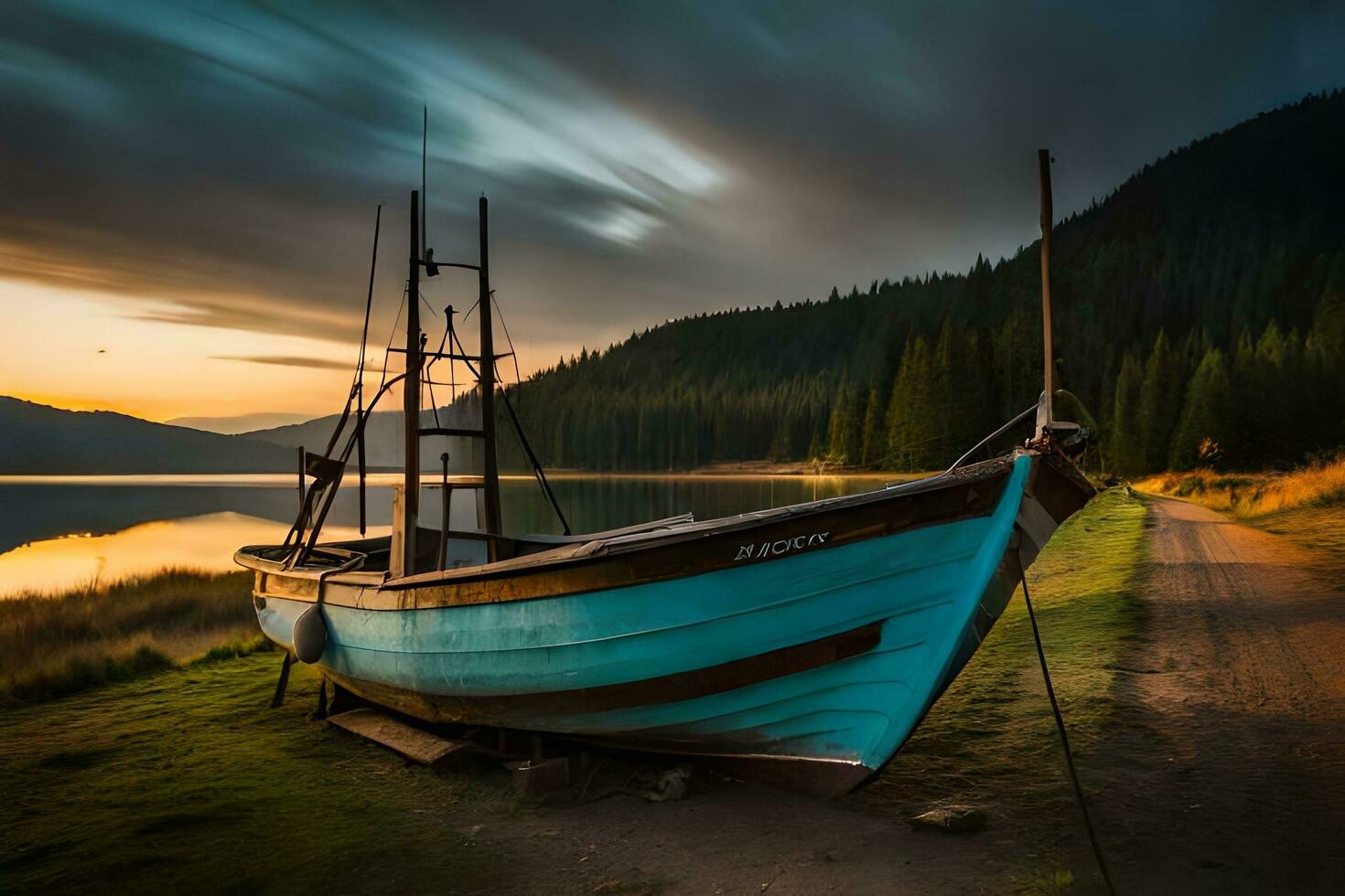 en båt sitter på de Strand av en sjö på solnedgång. ai-genererad foto