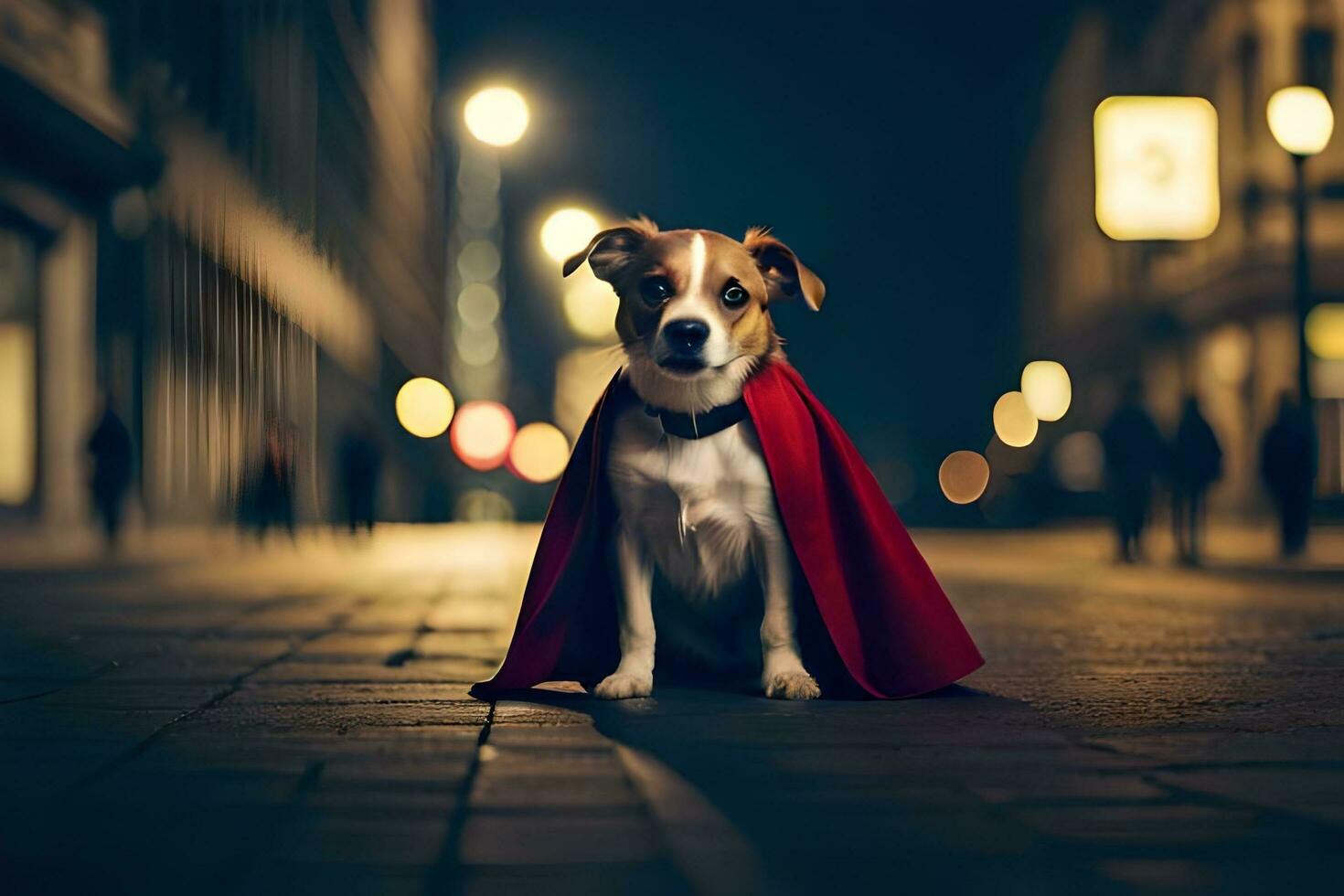 en hund bär en cape på de gata på natt. ai-genererad foto