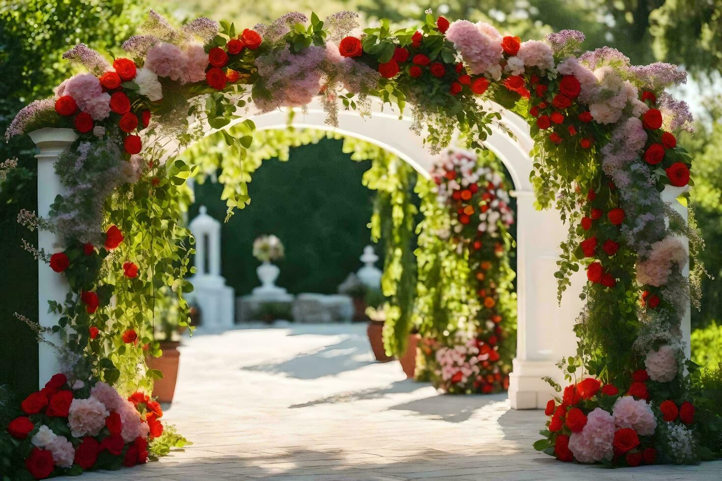 ett archway med röd och rosa blommor. ai-genererad foto