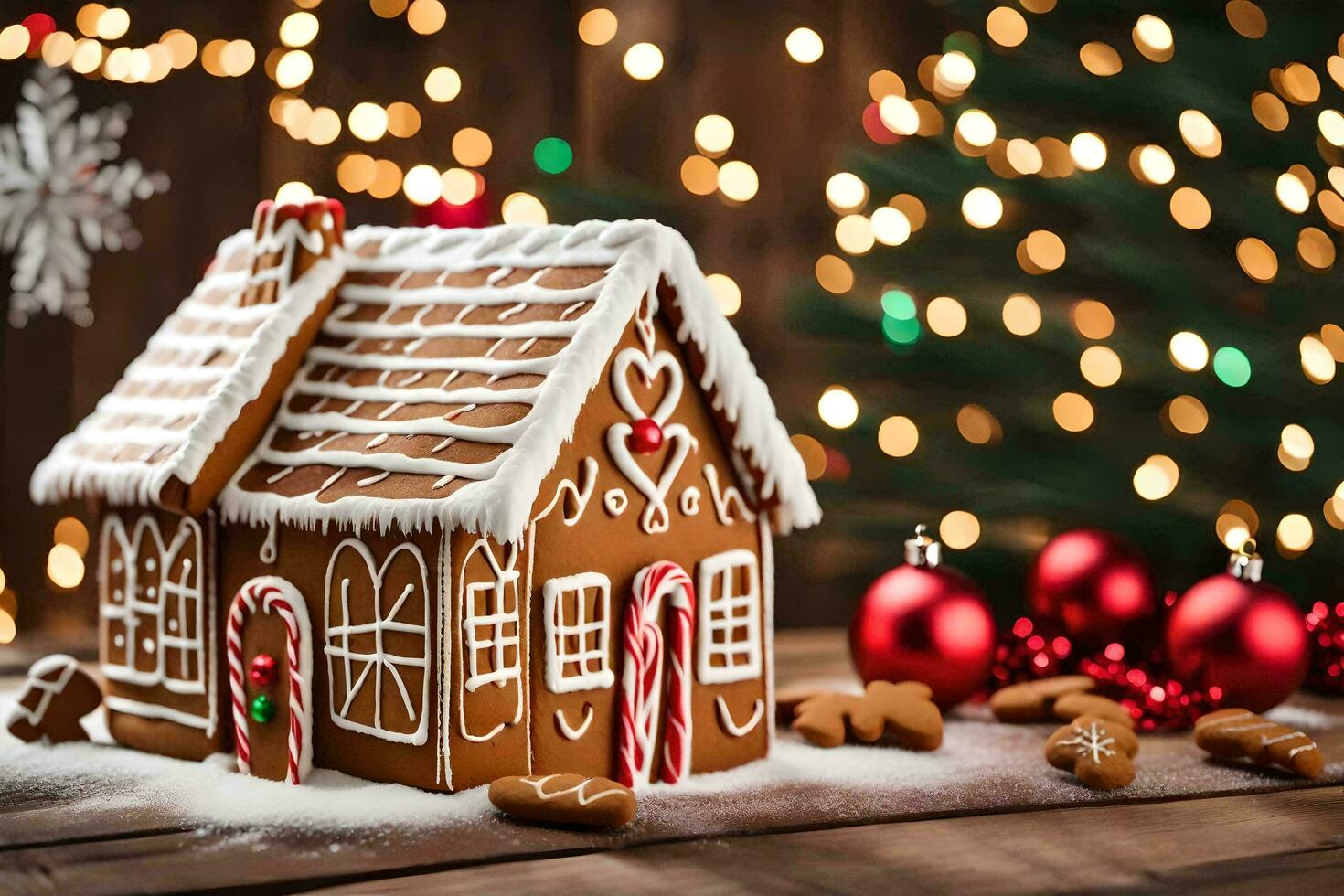 en ingefära hus med jul dekorationer på en tabell. ai-genererad foto