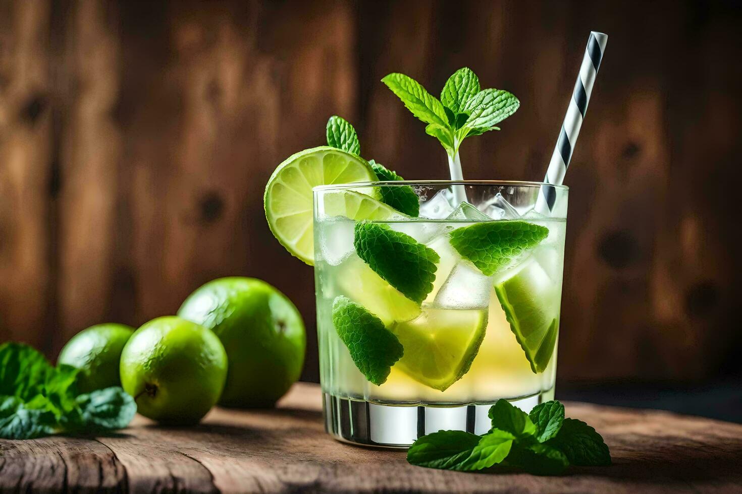 mojito cocktail med kalk och mynta på en trä- tabell. ai-genererad foto