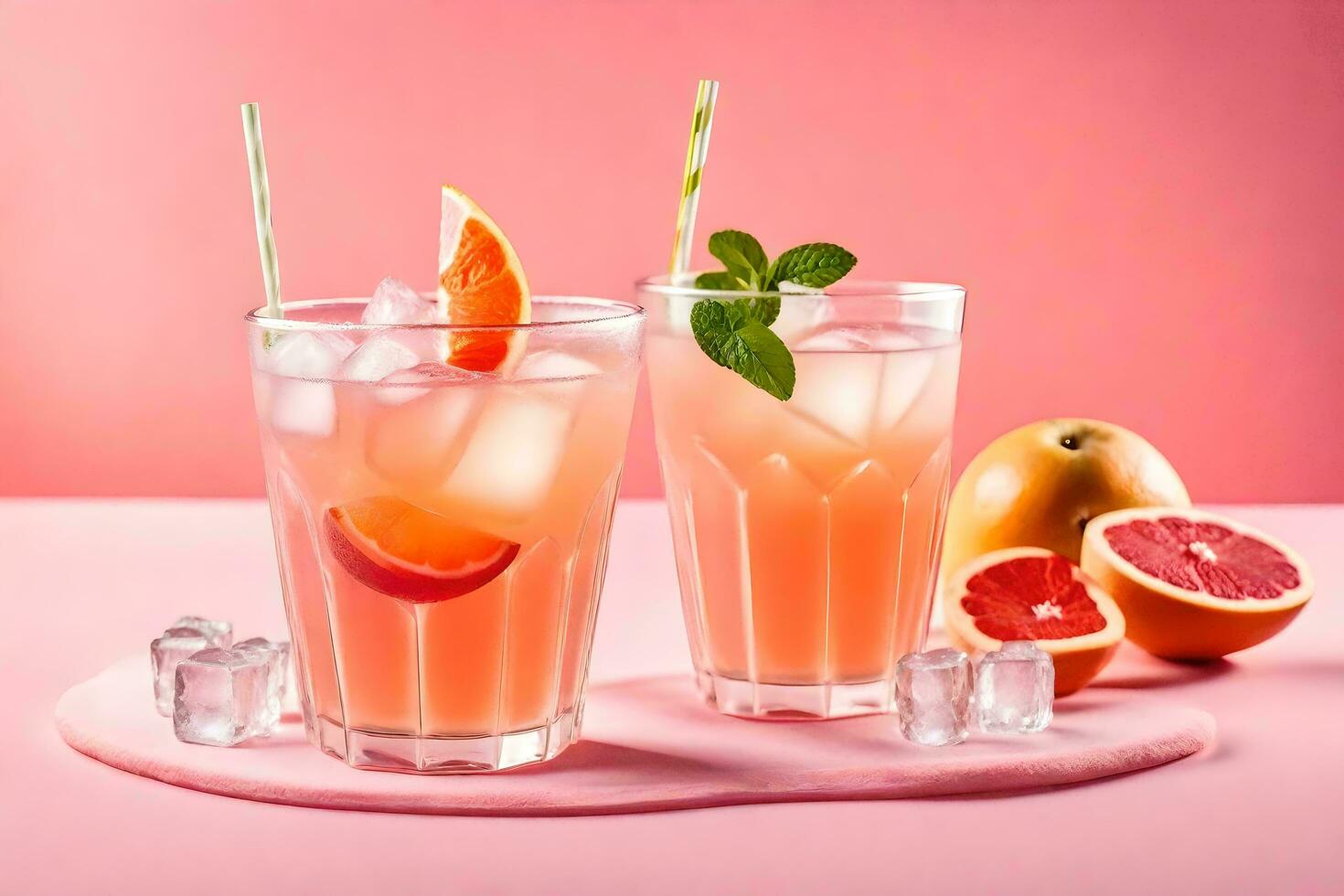 två glasögon av rosa grapefrukt juice med skivor av orange. ai-genererad foto