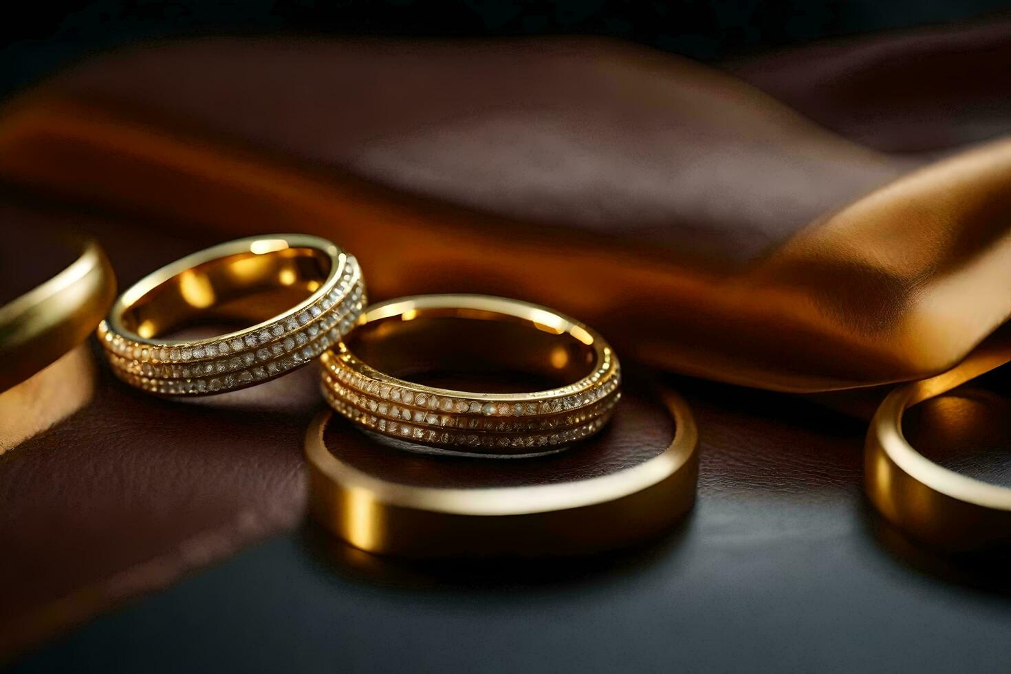 två guld bröllop ringar på en brun trasa. ai-genererad foto