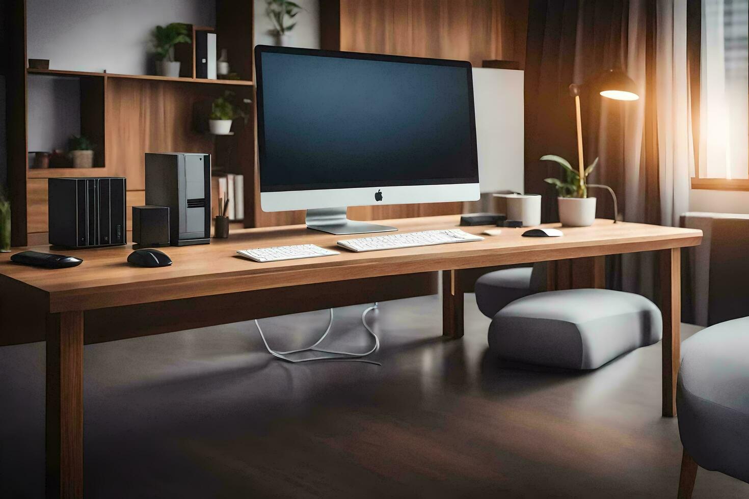 en skrivbord med en dator, högtalare och en stol. ai-genererad foto
