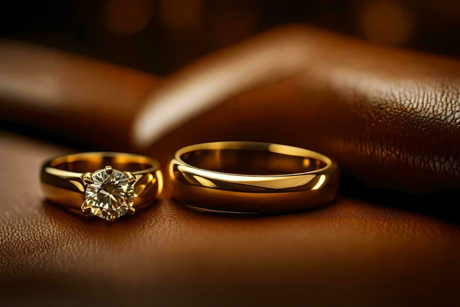 två guld bröllop ringar på en läder soffa. ai-genererad foto