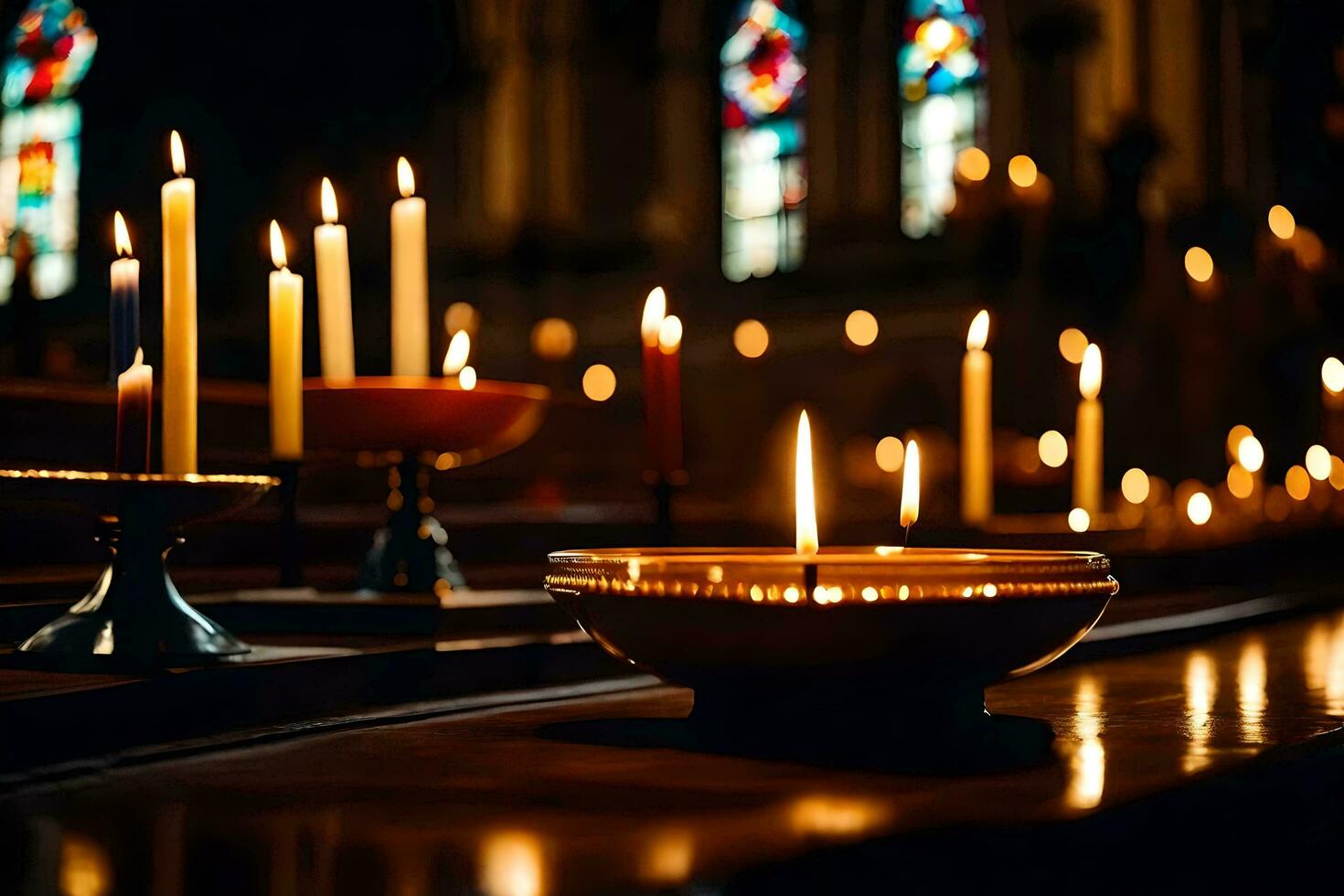 ljus är belyst i en kyrka med färgade glas fönster. ai-genererad foto