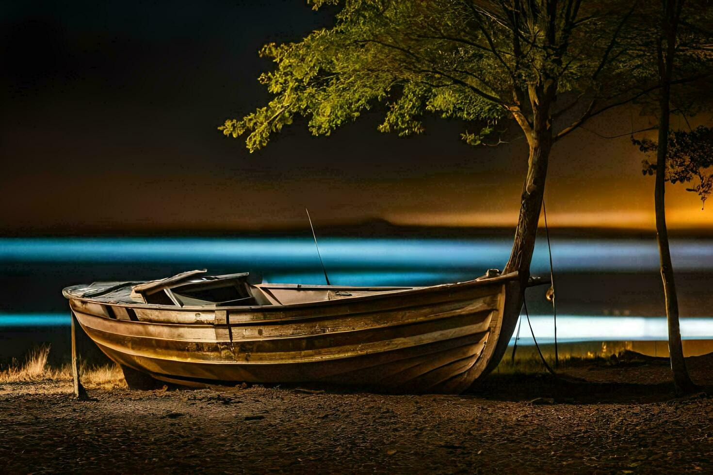 en båt sitter på de Strand på natt. ai-genererad foto