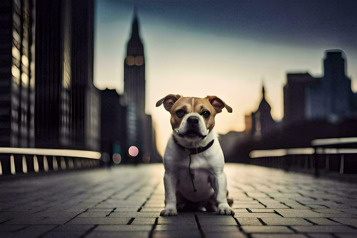 en hund Sammanträde på en tegel gångväg i främre av en stad horisont. ai-genererad foto