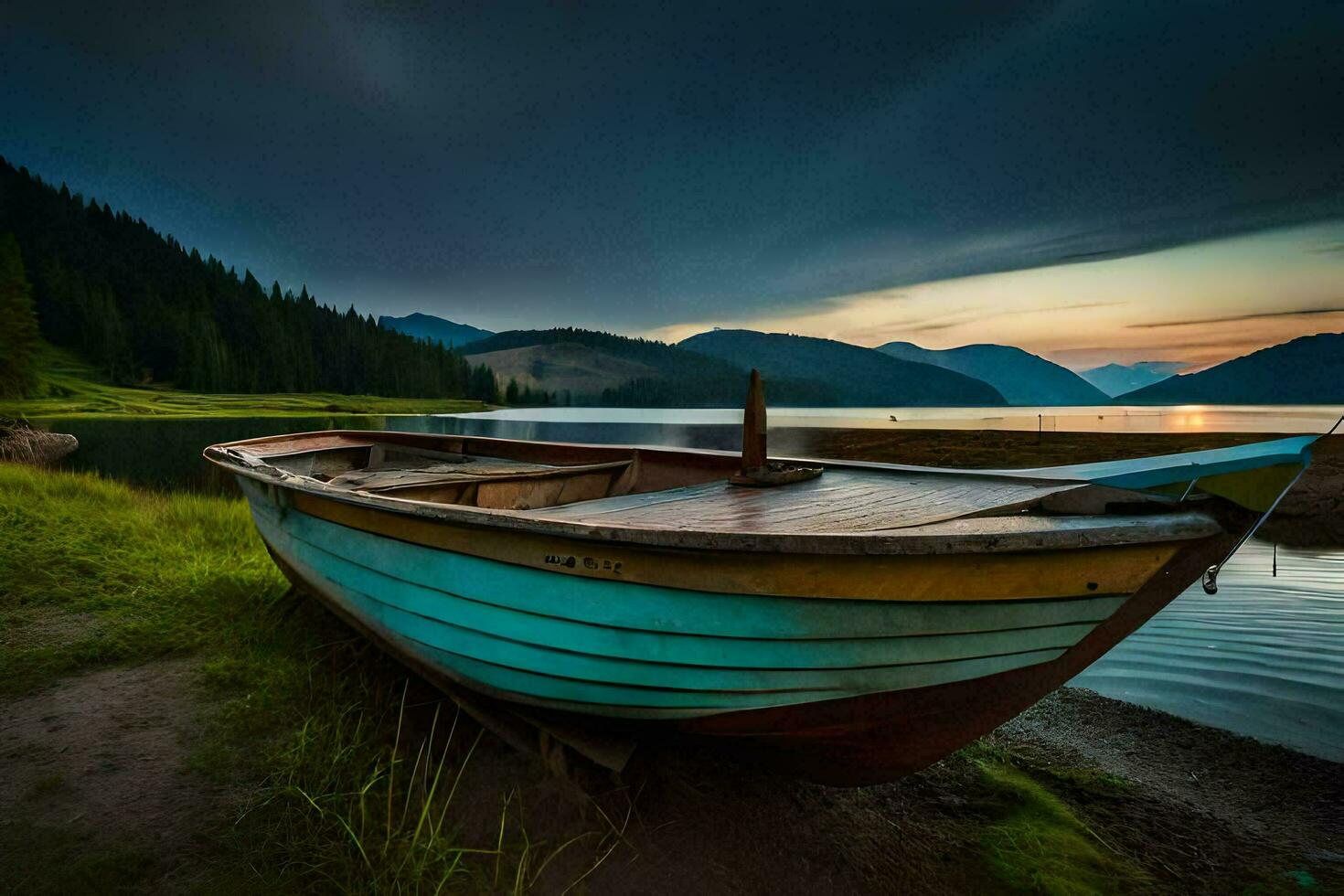en båt sitter på de Strand av en sjö på solnedgång. ai-genererad foto