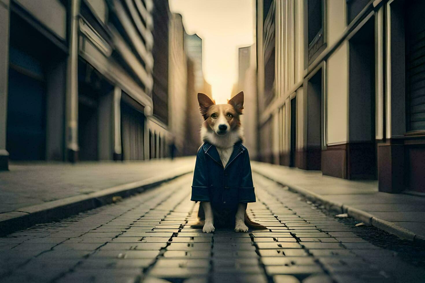 en hund i en kostym stående på en gata. ai-genererad foto