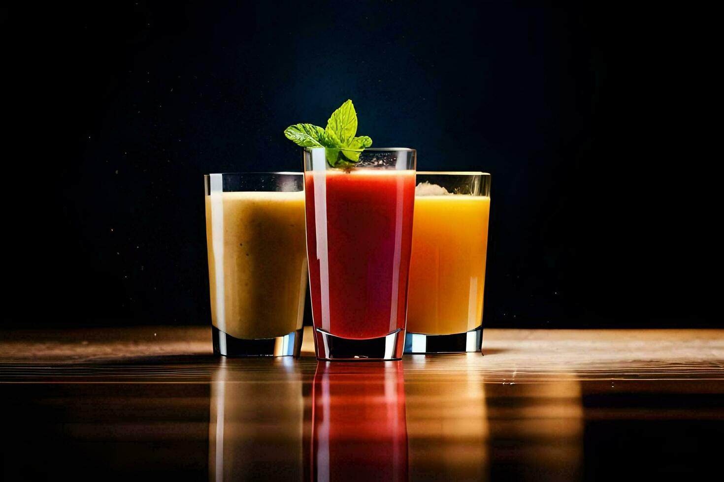 tre annorlunda typer av juicer på en mörk bakgrund. ai-genererad foto