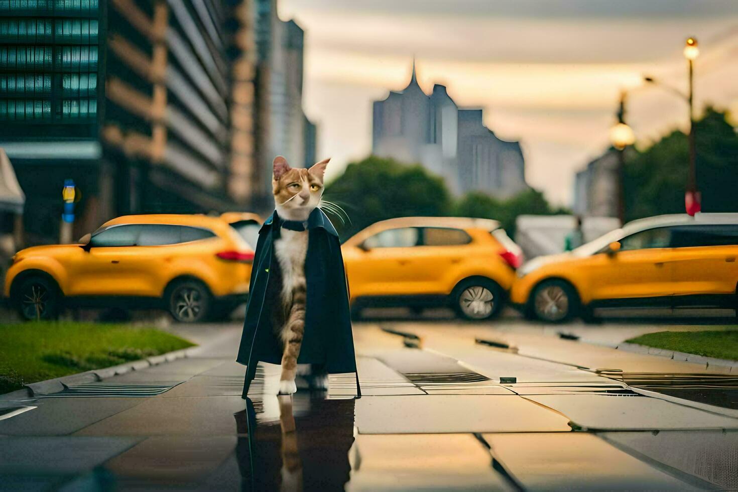 en katt i en cape gående ner en gata. ai-genererad foto