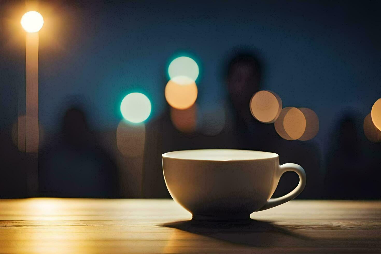 kaffe kopp på tabell med suddig bakgrund. ai-genererad foto