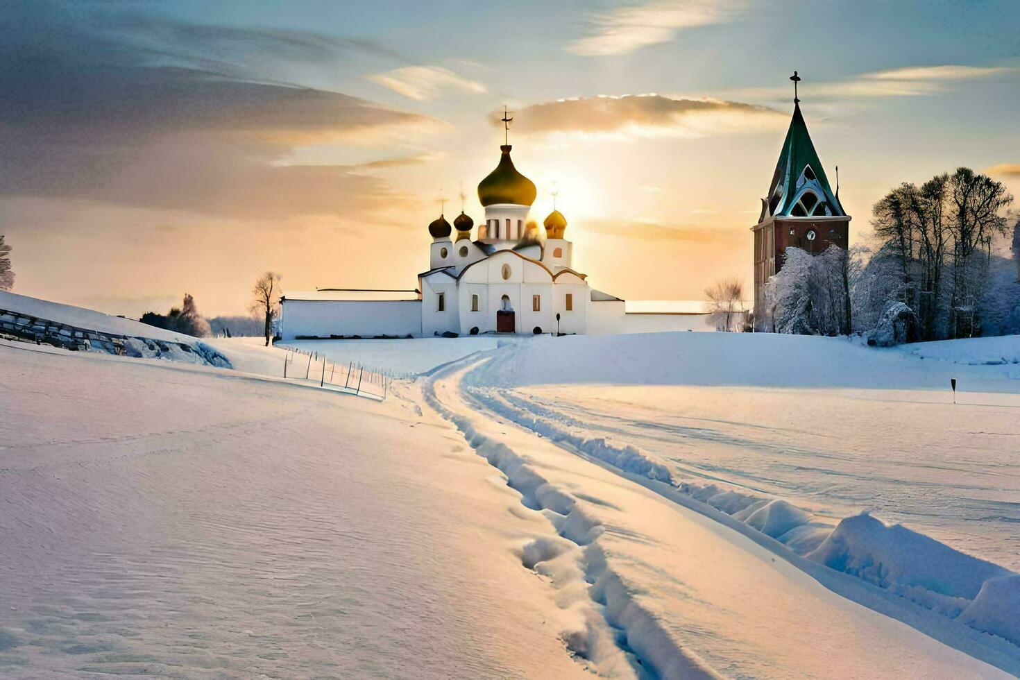 en kyrka i de snö med en väg ledande till Det. ai-genererad foto