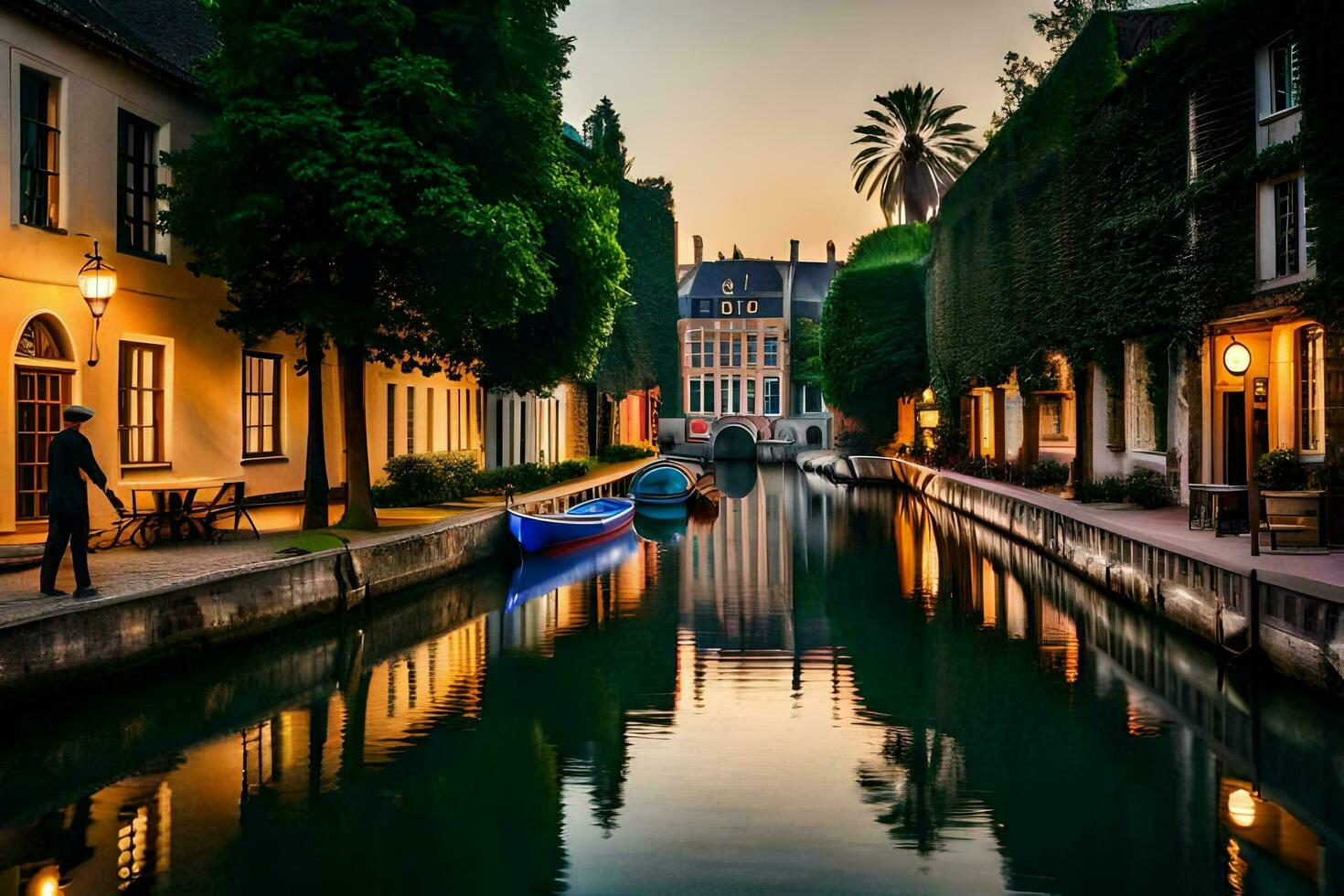 en kanal i Brugge, Belgien. ai-genererad foto