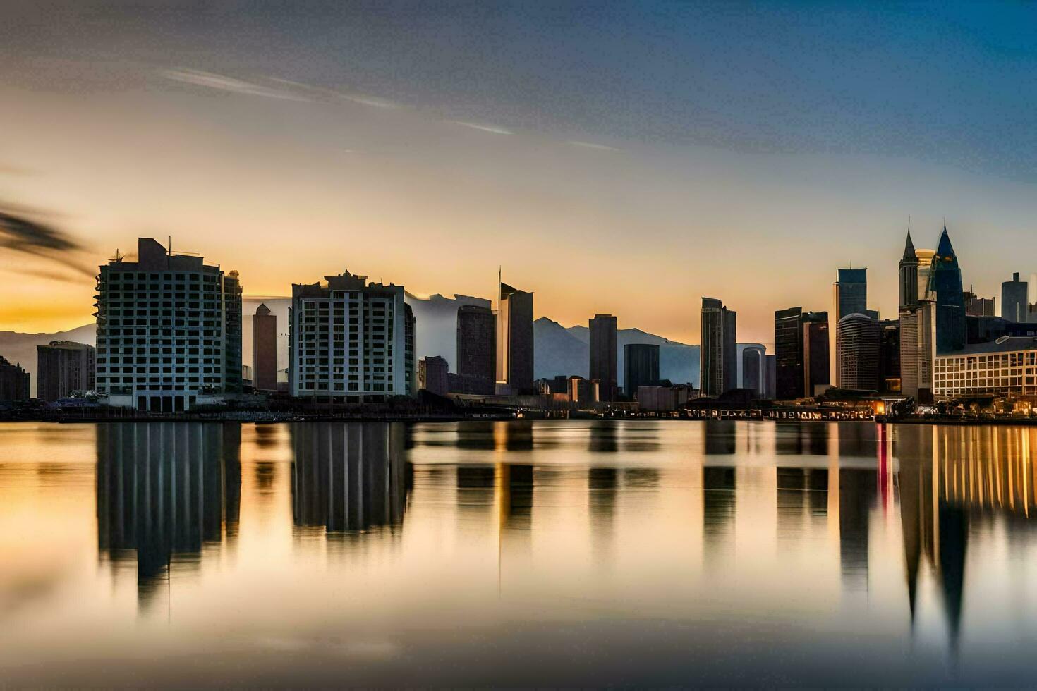 de stad horisont är reflekterad i de vatten på solnedgång. ai-genererad foto