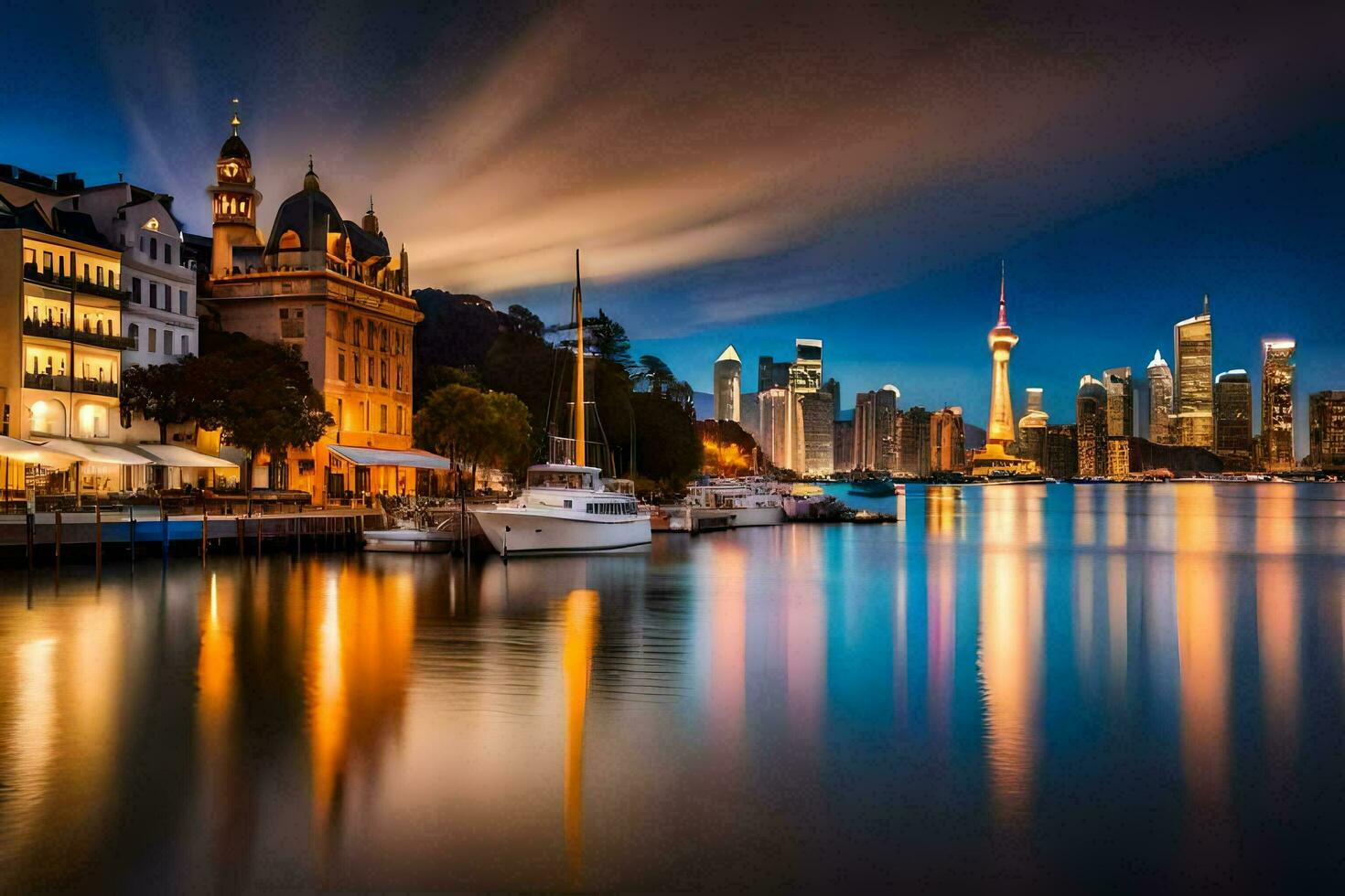 de stad horisont på natt i shanghai. ai-genererad foto