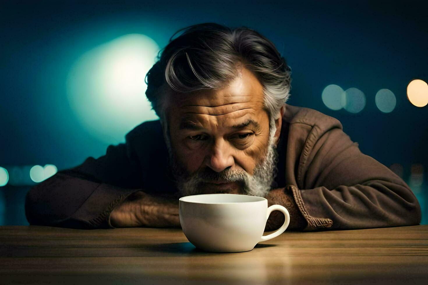 en man med en skägg och en kopp av kaffe. ai-genererad foto