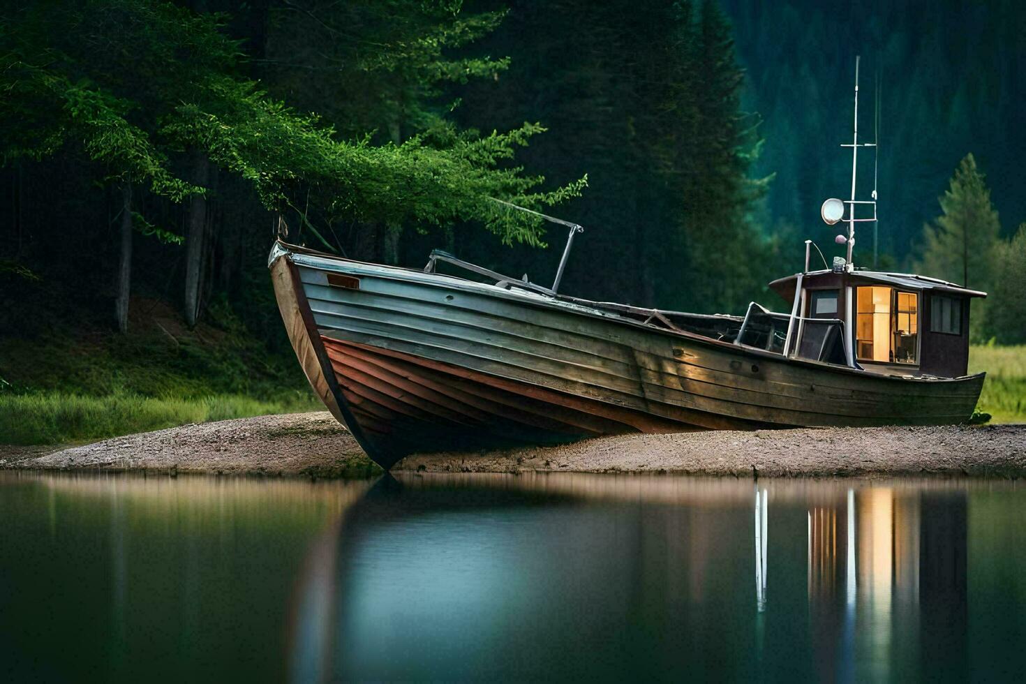 en båt sitter på de Strand av en sjö. ai-genererad foto