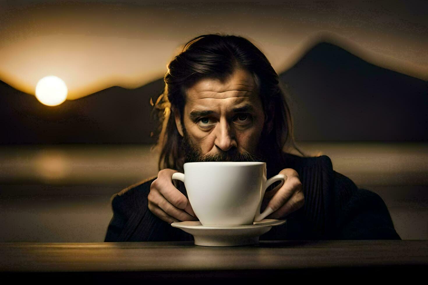 en man med lång hår och skägg innehav en kopp av kaffe. ai-genererad foto