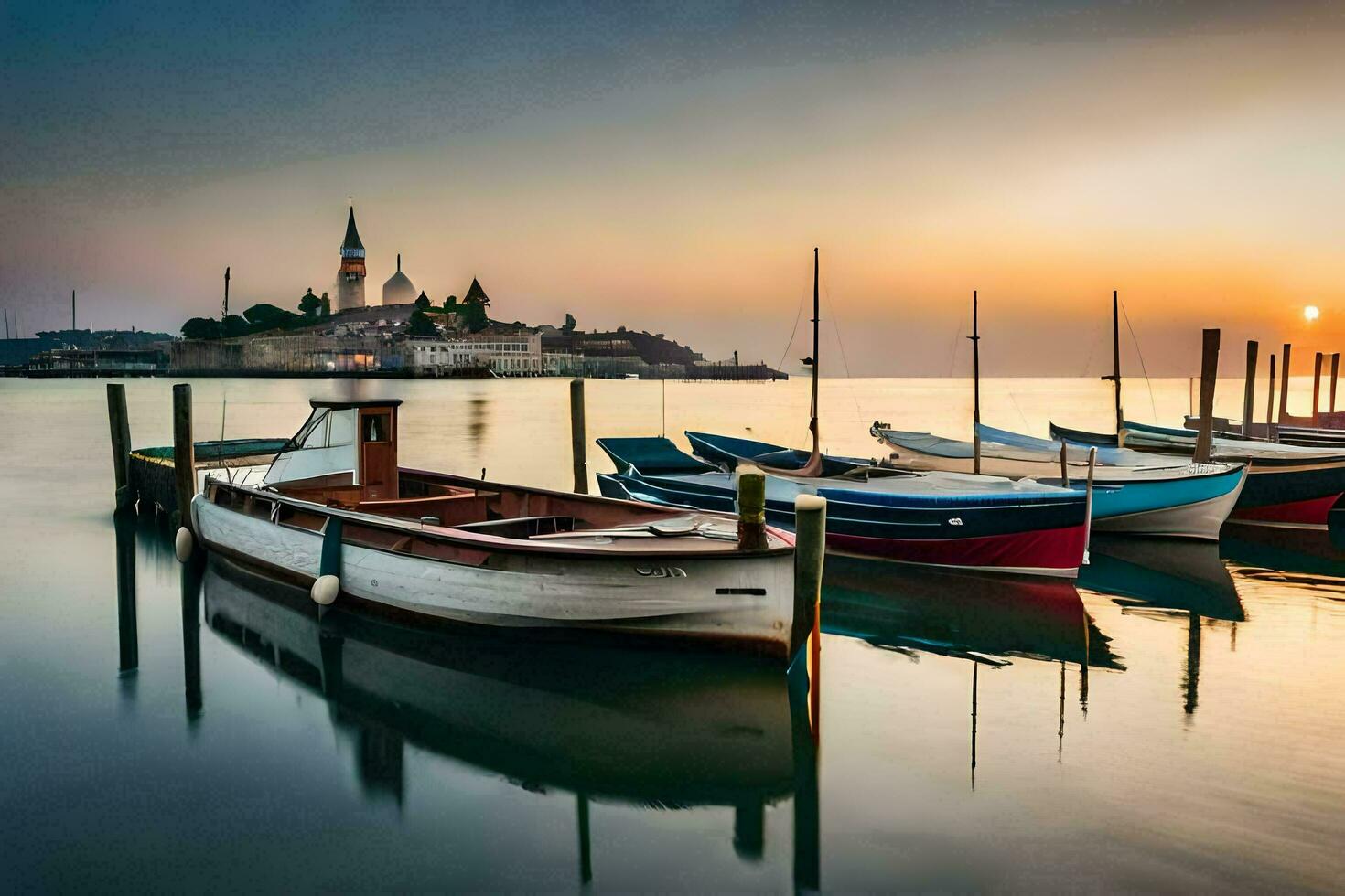 båtar dockad på de pir i de solnedgång. ai-genererad foto