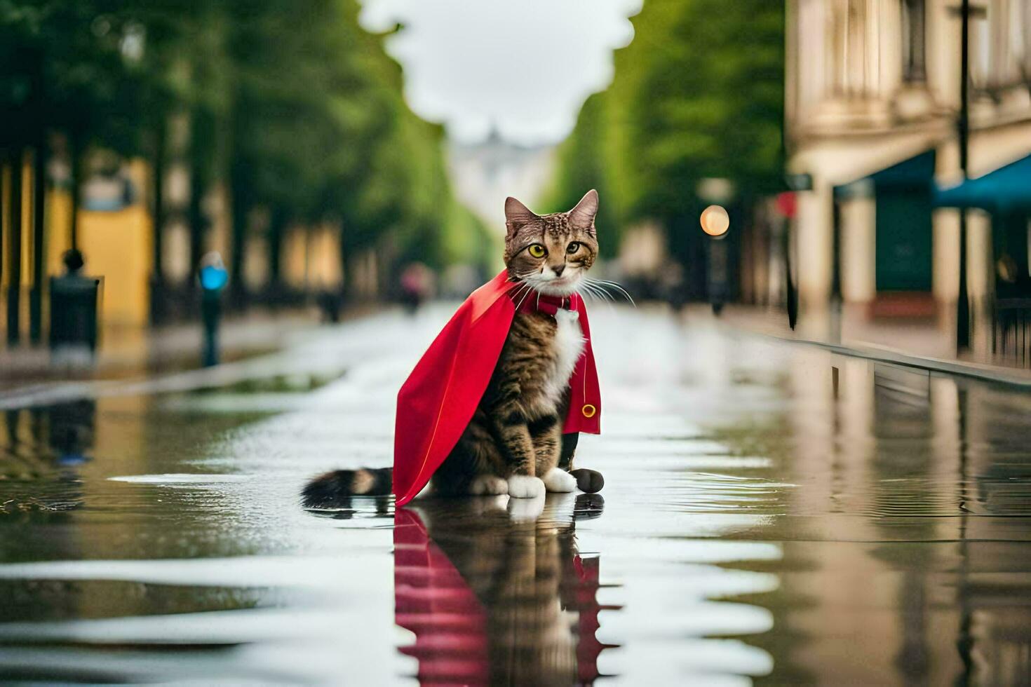 en katt bär en röd cape på en våt gata. ai-genererad foto