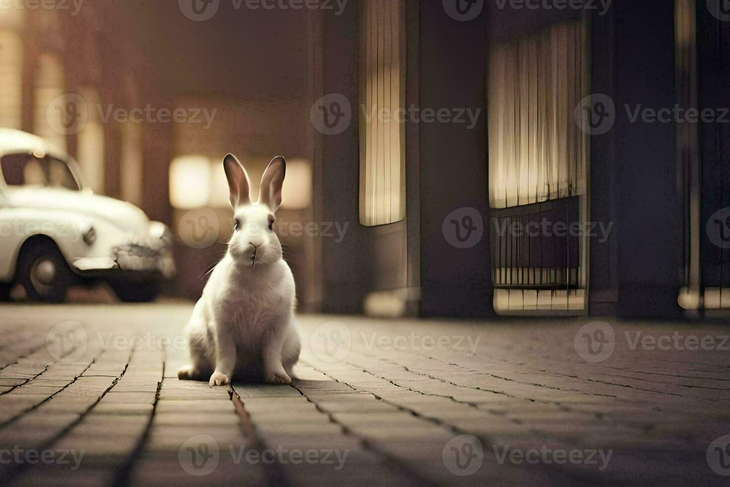 en kanin Sammanträde på en tegel golv i främre av en bil. ai-genererad foto