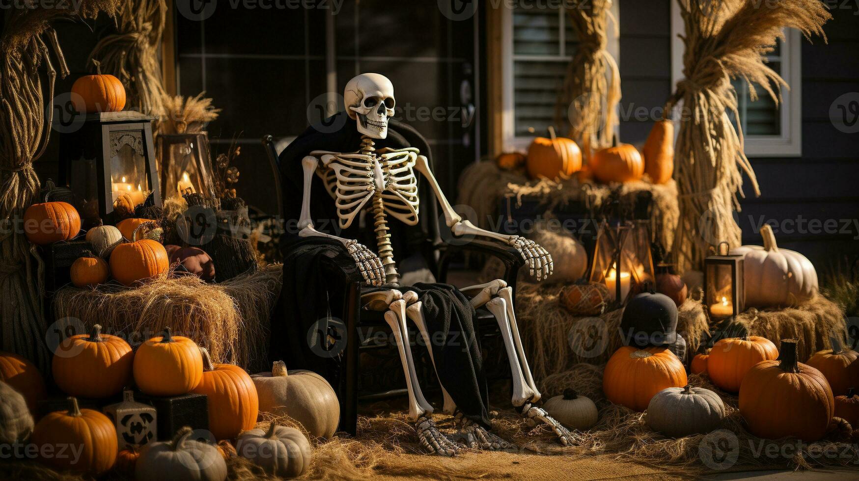 dekorerad halloween veranda med pumpor, hö bails och kusligt skelett - generativ ai. foto