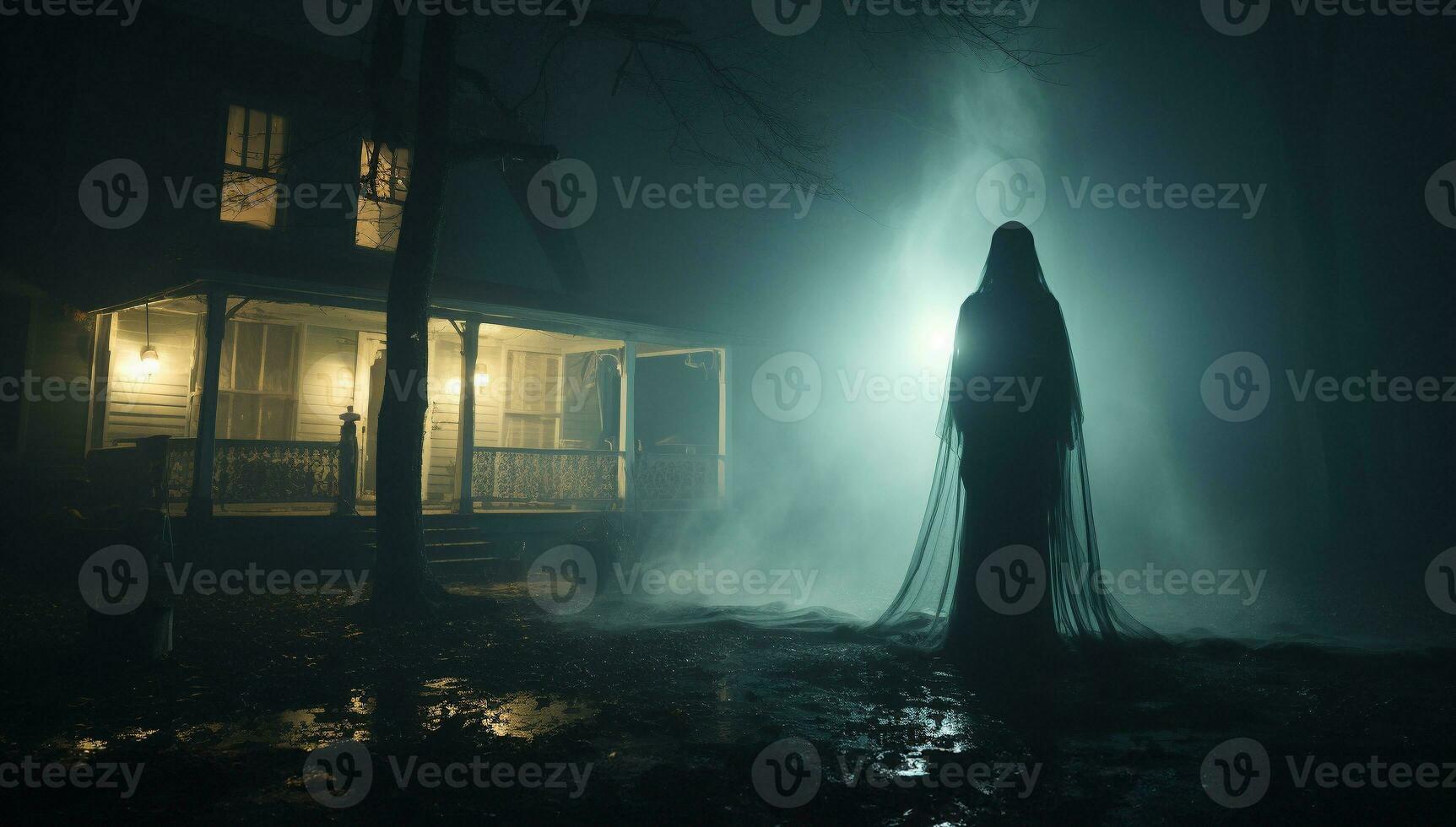spöklik kvinna figur silhuett stående eller gående mitt i de läskigt halloween dimma utanför - generativ ai. foto