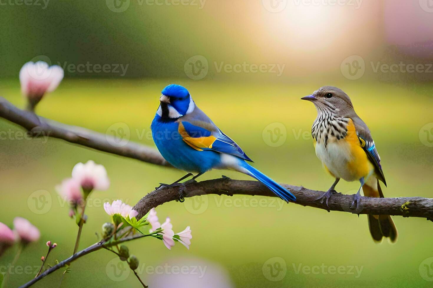 två färgrik fåglar Sammanträde på en gren med blommor. ai-genererad foto