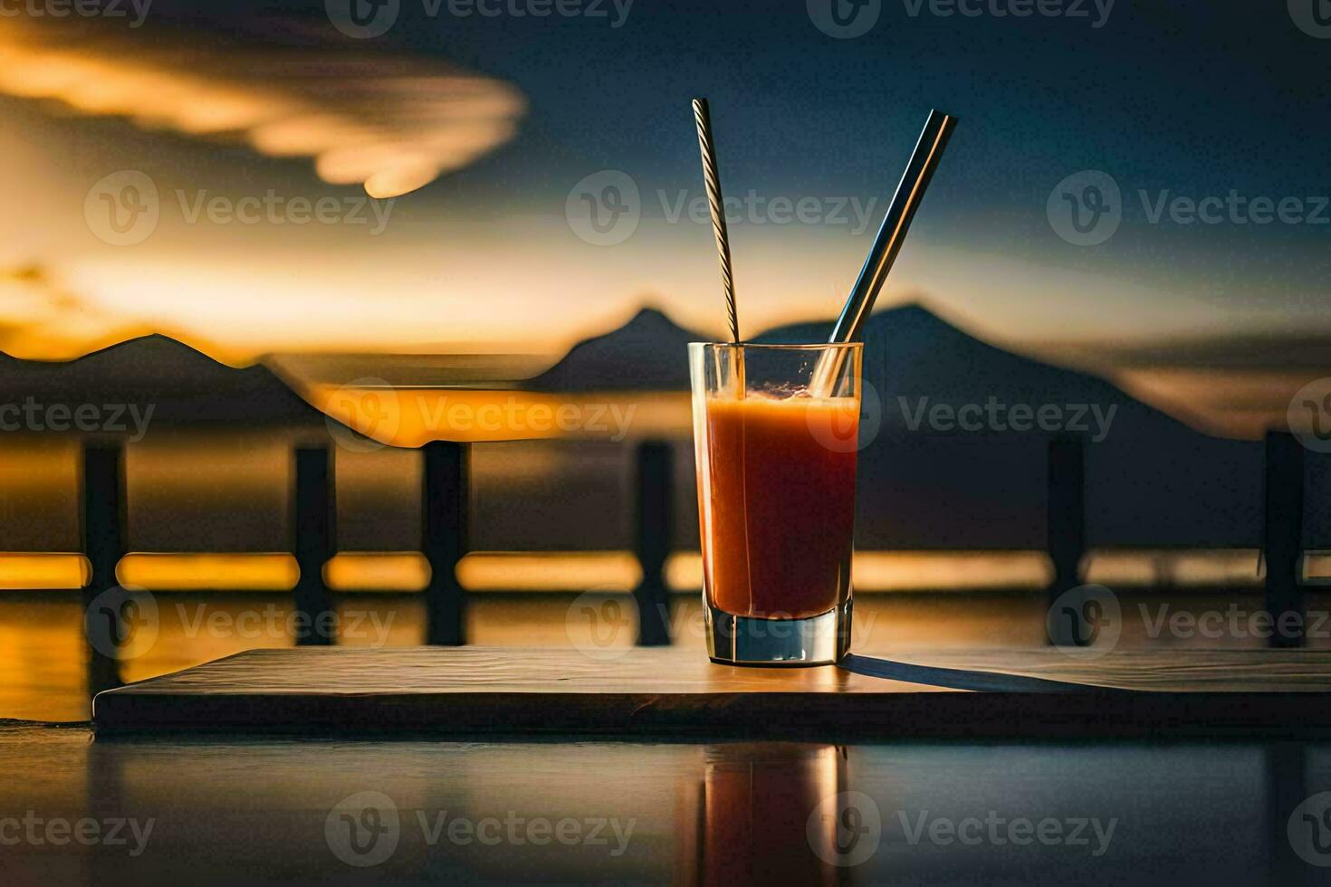 en glas av juice med två strån på en tabell i främre av en solnedgång. ai-genererad foto