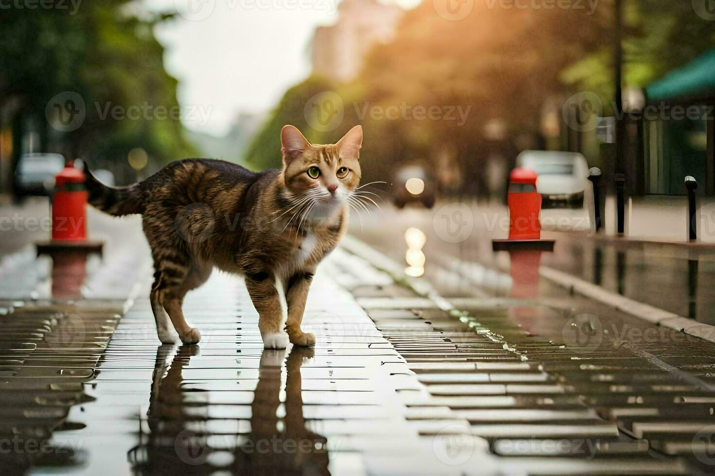 en katt gående på en våt gata i de regn. ai-genererad foto