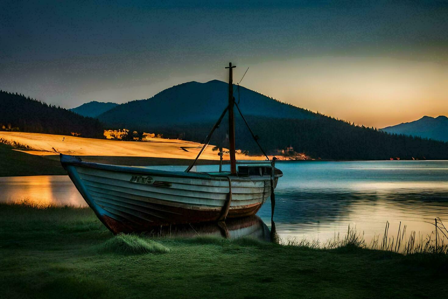 en båt sitter på de Strand av en sjö på solnedgång. ai-genererad foto