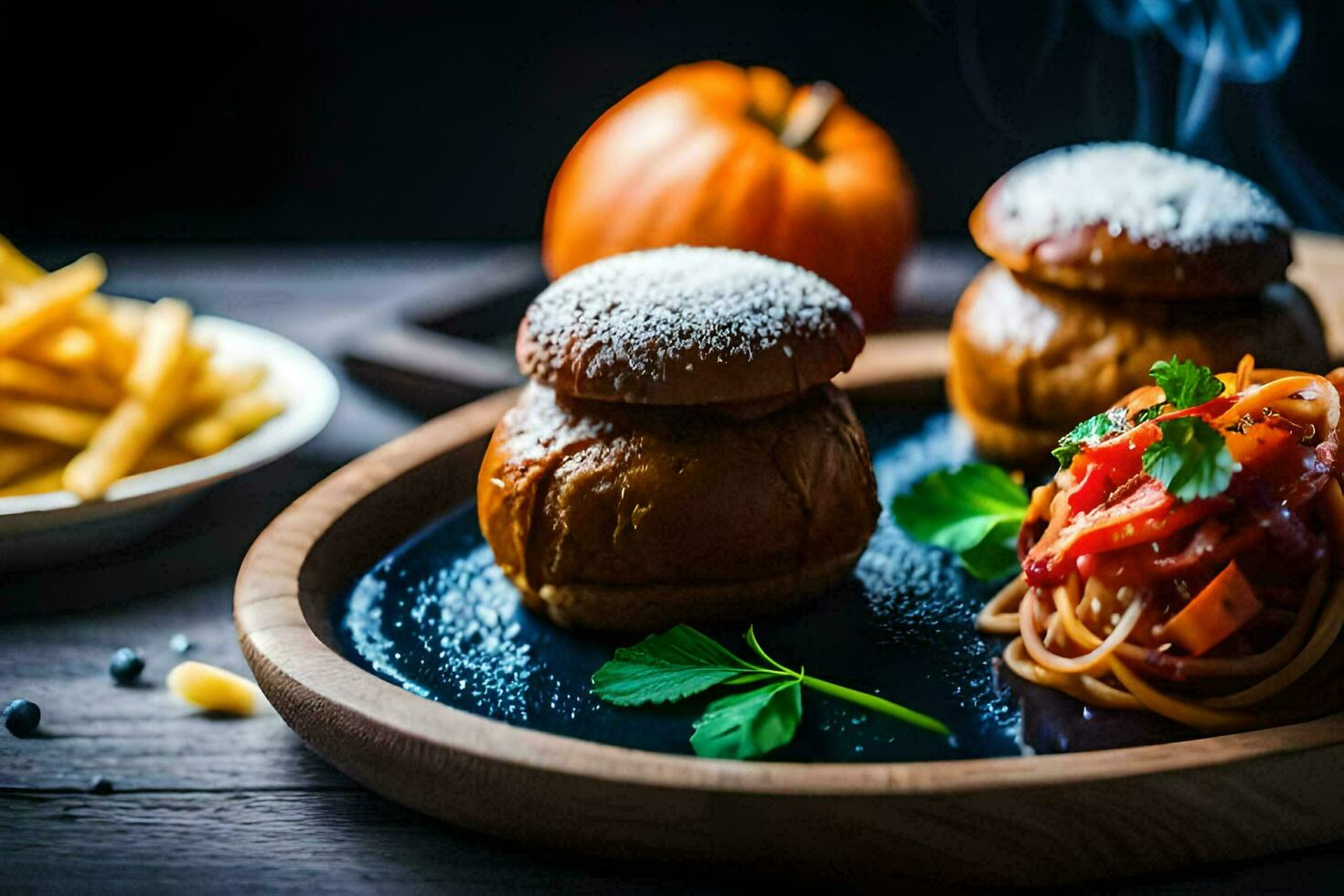 mat på en trä- tabell med en pumpa och franska pommes frites. ai-genererad foto