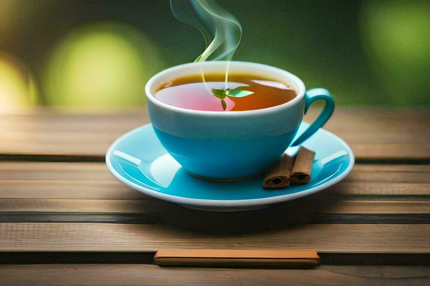 en kopp av te med kanel pinnar på en trä- tabell. ai-genererad foto