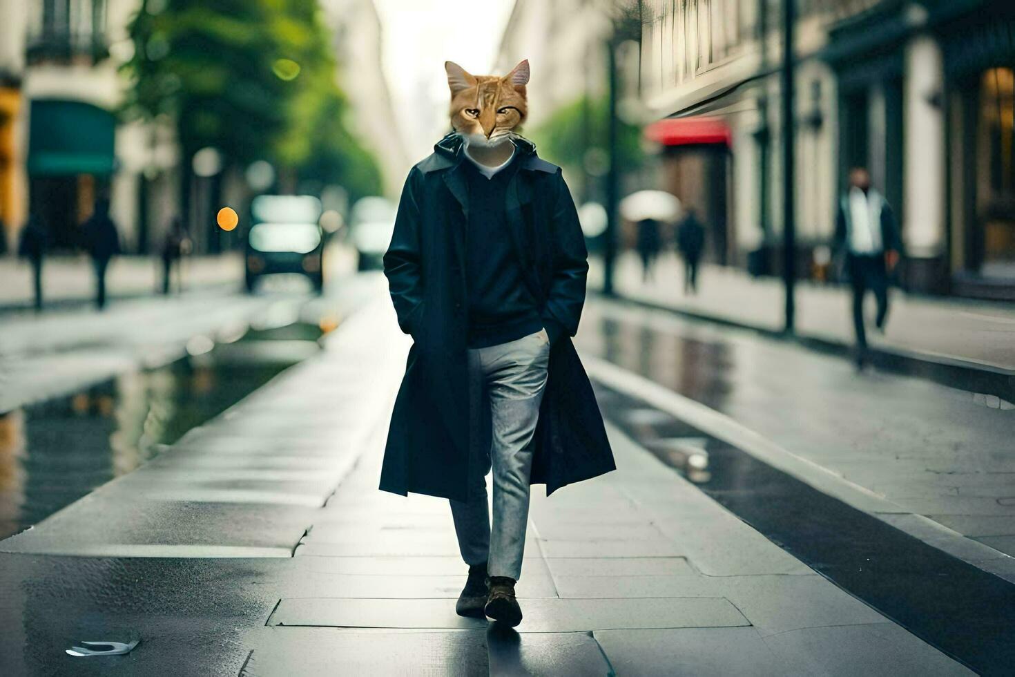 en katt bär en mask promenader ner en gata. ai-genererad foto