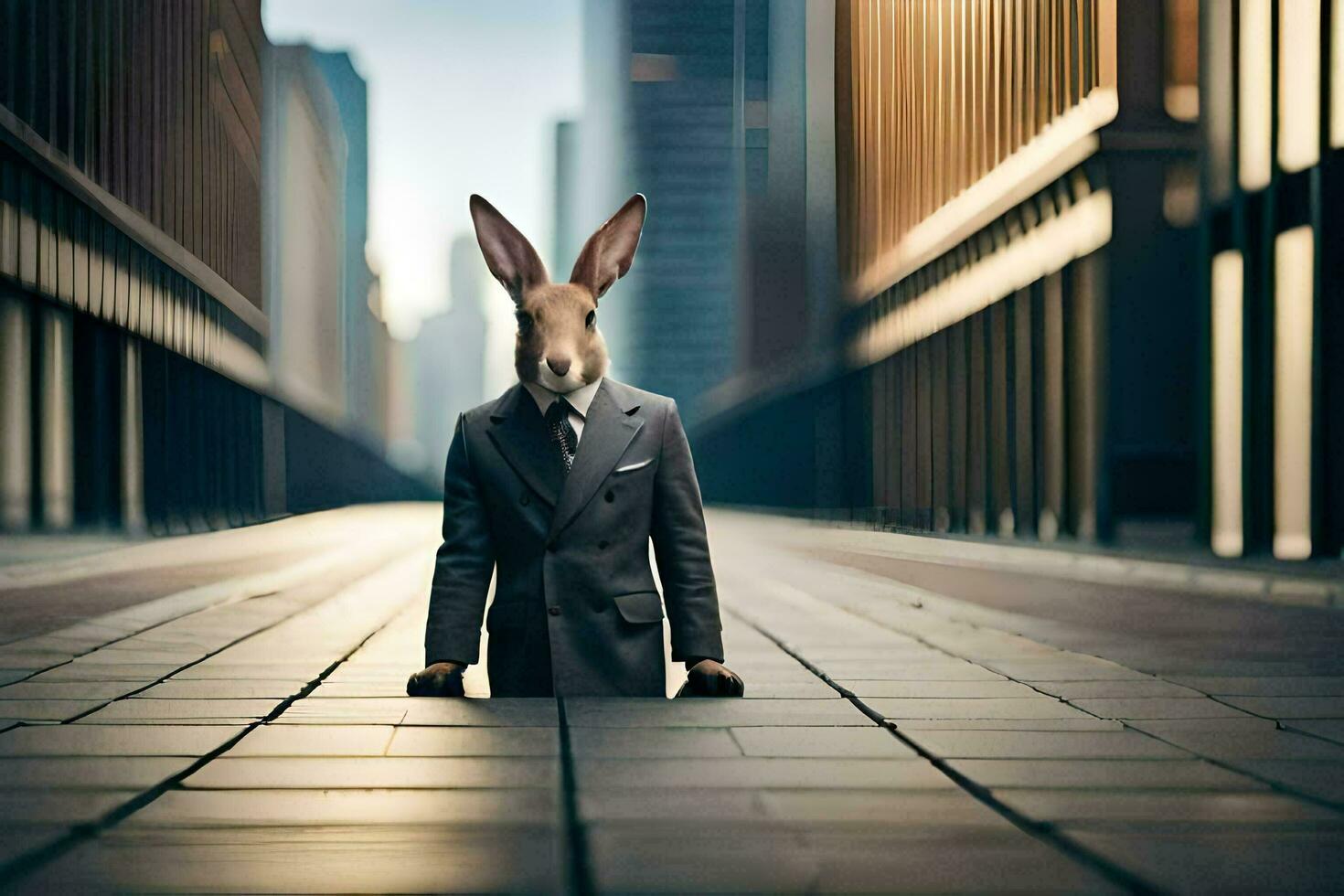 en kanin i en kostym och slips stående i de mitten av en stad gata. ai-genererad foto