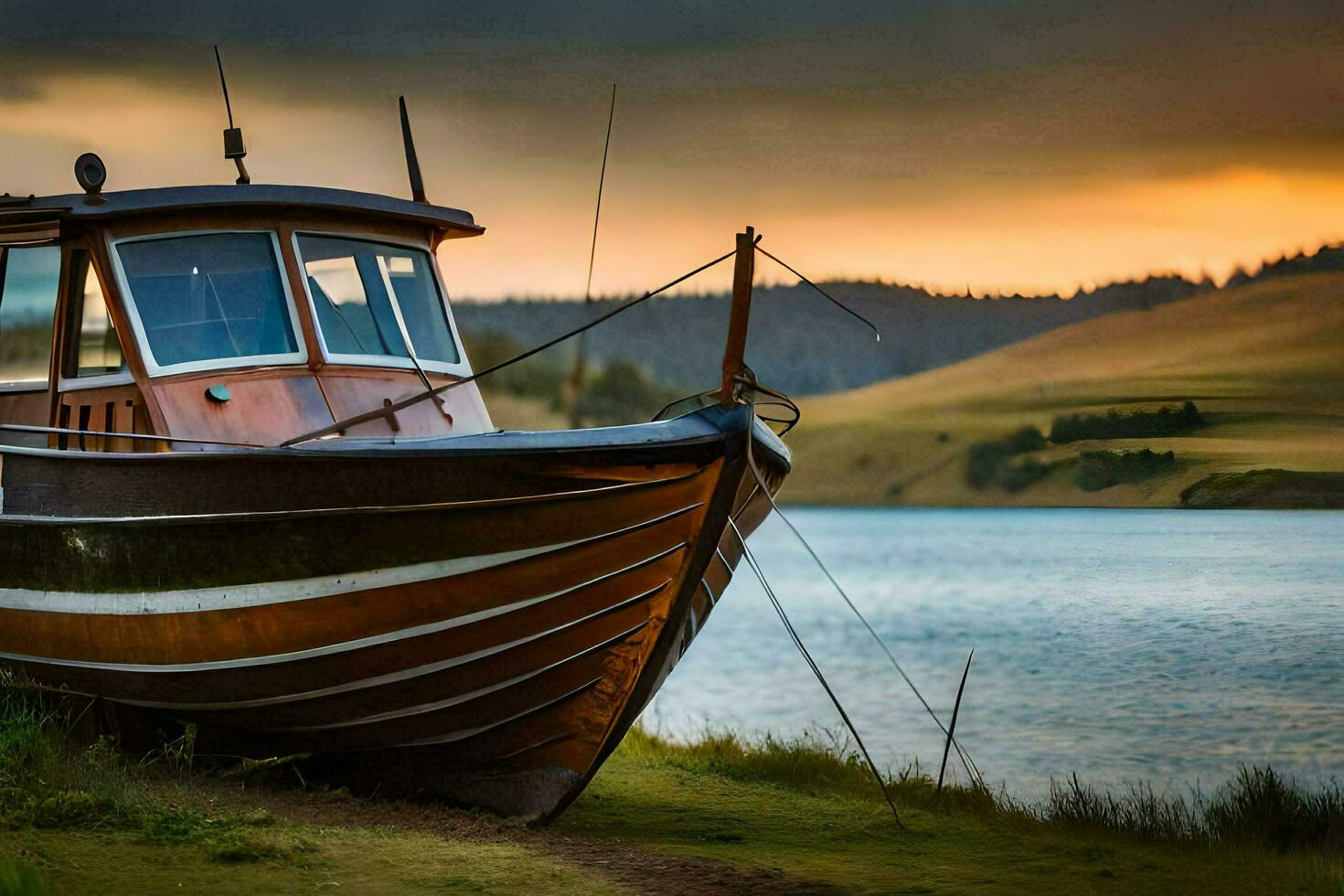 en båt sitter på de Strand av en sjö. ai-genererad foto