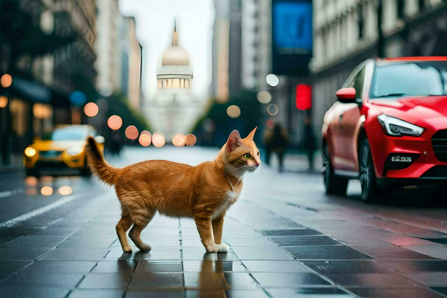 ett orange katt är gående på de gata i främre av en röd bil. ai-genererad foto