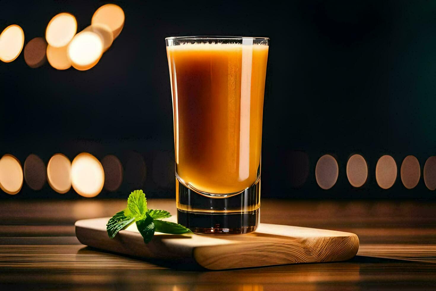 en glas av orange juice på en trä- styrelse. ai-genererad foto